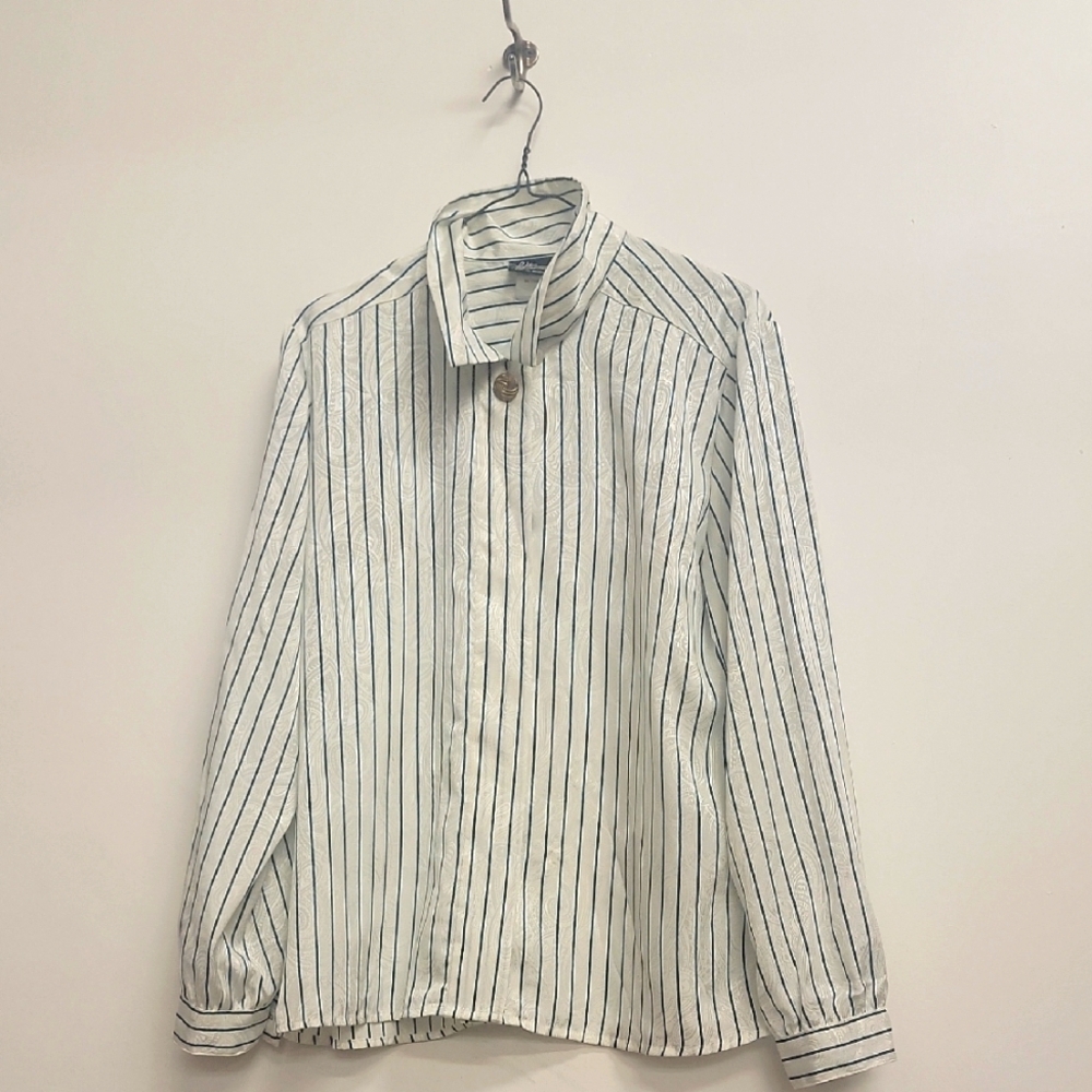 90s Black And White Striped Preppy Office Blouse L XL euc